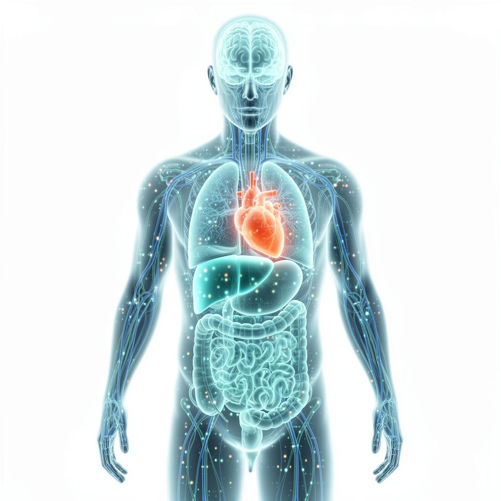 Translucent anatomical illustration showing clinical data points across the body