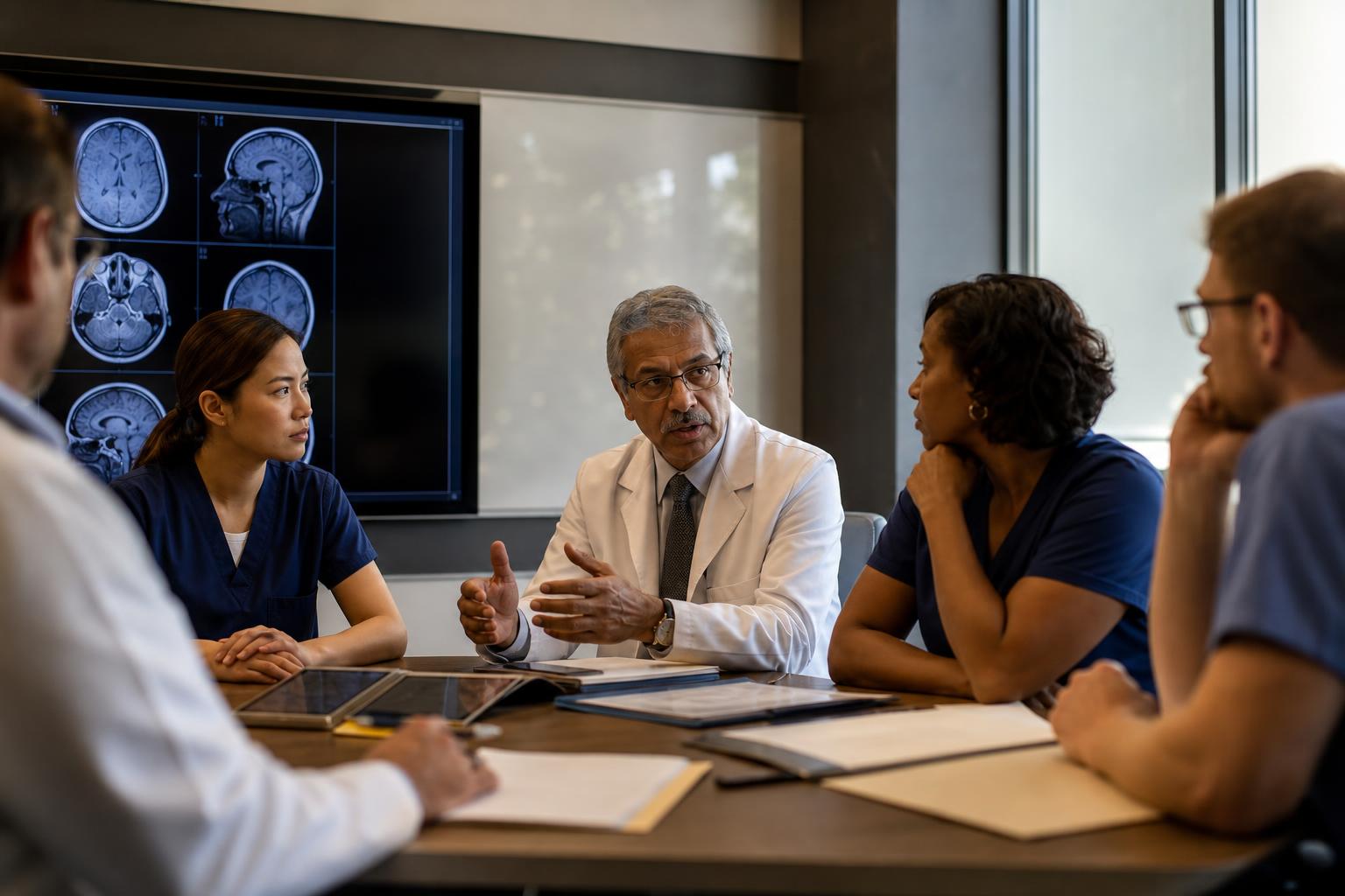 Doctor and patient hands meeting over a clipboard